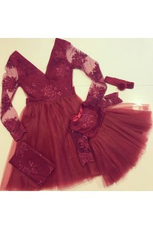 Set mama-fiica din tulle si broderie marsala