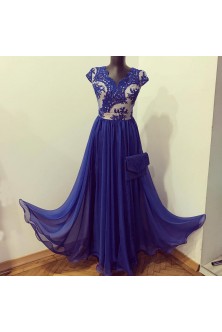 Rochie in clos dublu din voal si broderie albastru royal