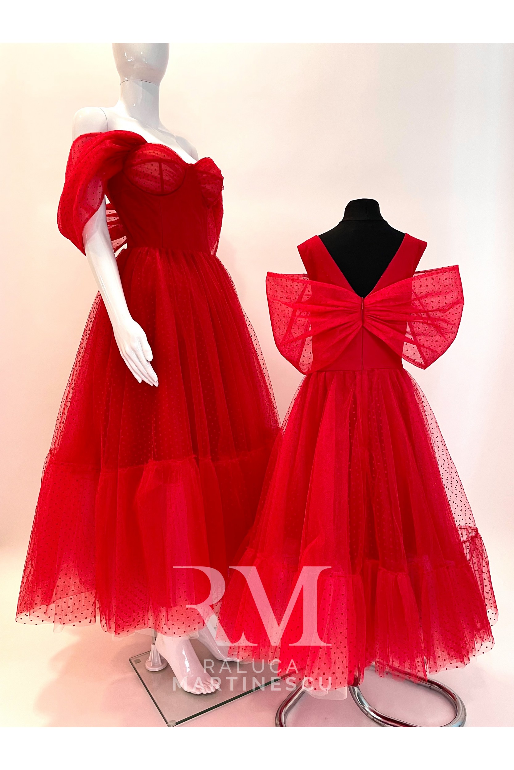 Set mama si fiica din tulle rosu cu buline