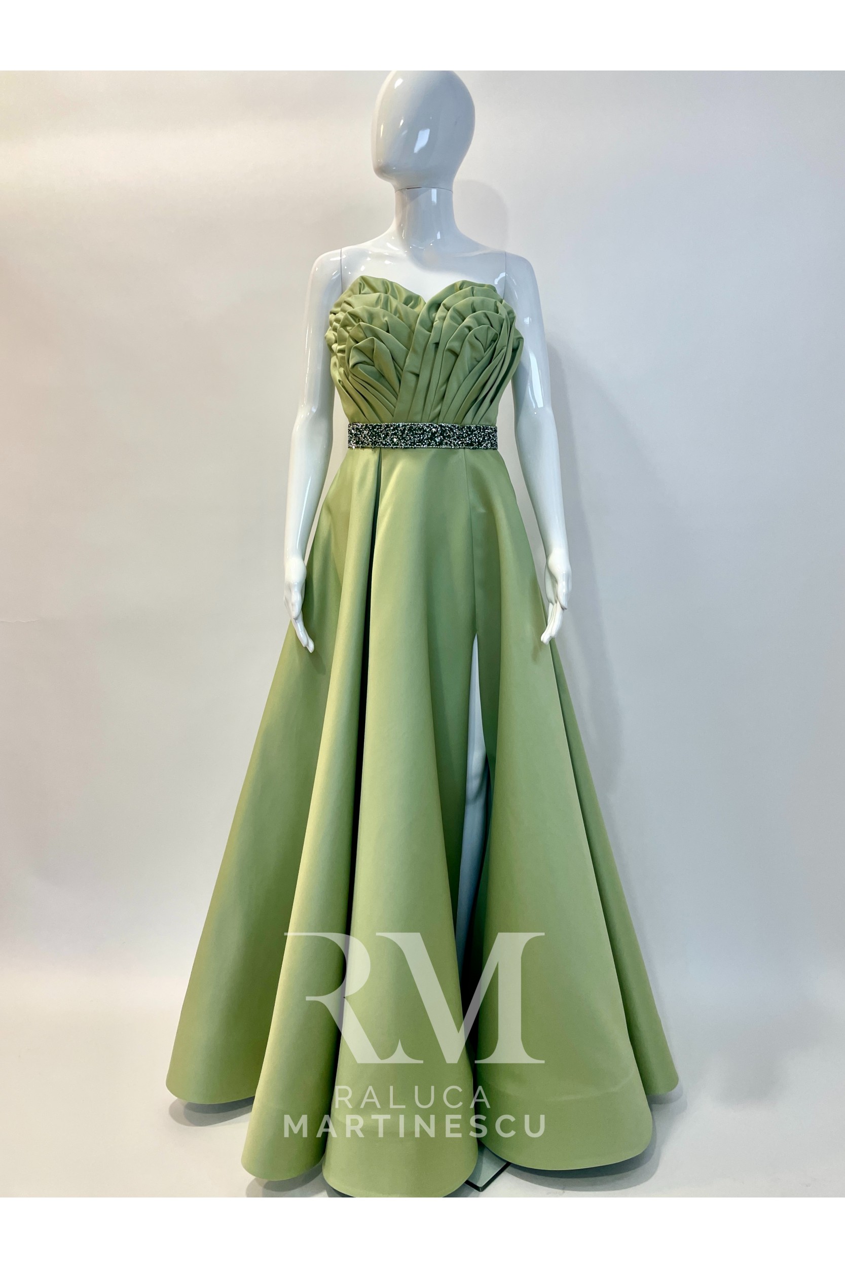 Rochie din tafta Duchesse olive, cu corset drapat