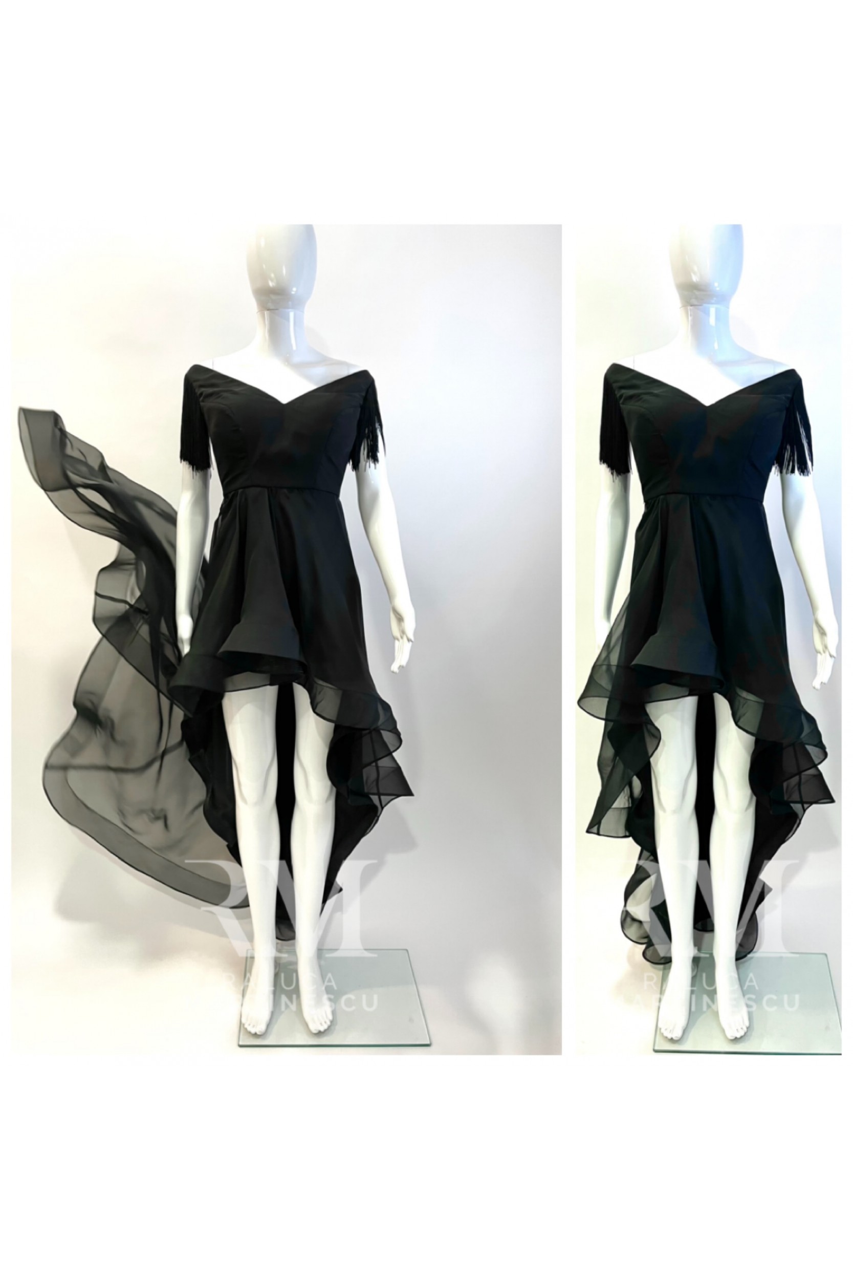 Rochie din voal chiffon negru, franjuri si rijelina la tiv