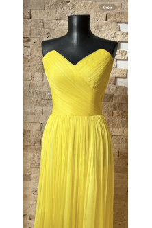 Rochie din voal natural galben, corset geometric cu fronseuri