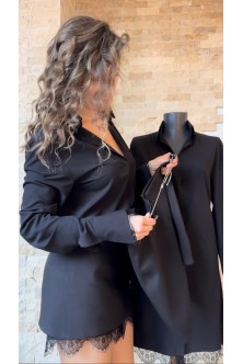 Set realizat din Camasa din French Satin negru cu Dantela Chantilly, Fusta din Tafta elastica, accesoriu cadou 