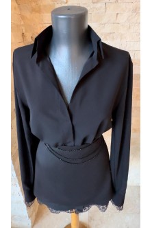 Set realizat din Camasa din French Satin negru cu Dantela Chantilly, Fusta din Tafta elastica, accesoriu cadou 