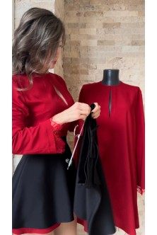 Set realizat din Bluza din French Satin rosu cu dantela Chantilly si Fusta in clos si Tafta neagra, cu fundita