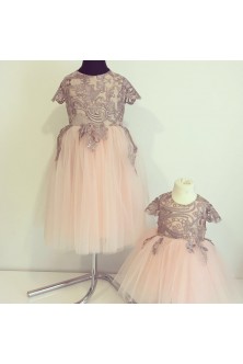 Rochite pentru fetite din broderie roz prafuit si tulle fin nude-rose