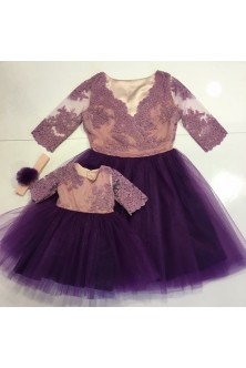 Set mama-fiica din broderie roz prafuit si tulle mov pruna