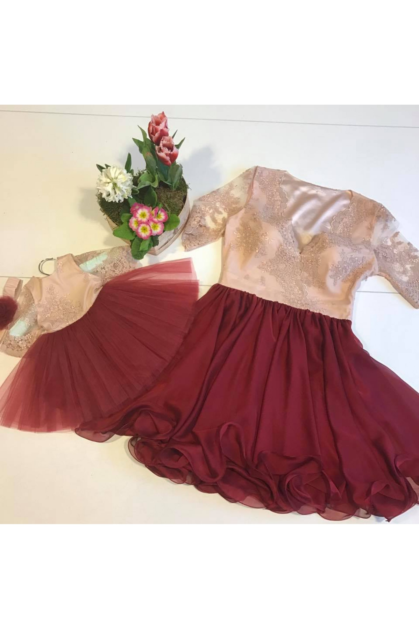 Set mama-fiica din broderie nude, voal si tulle marsala